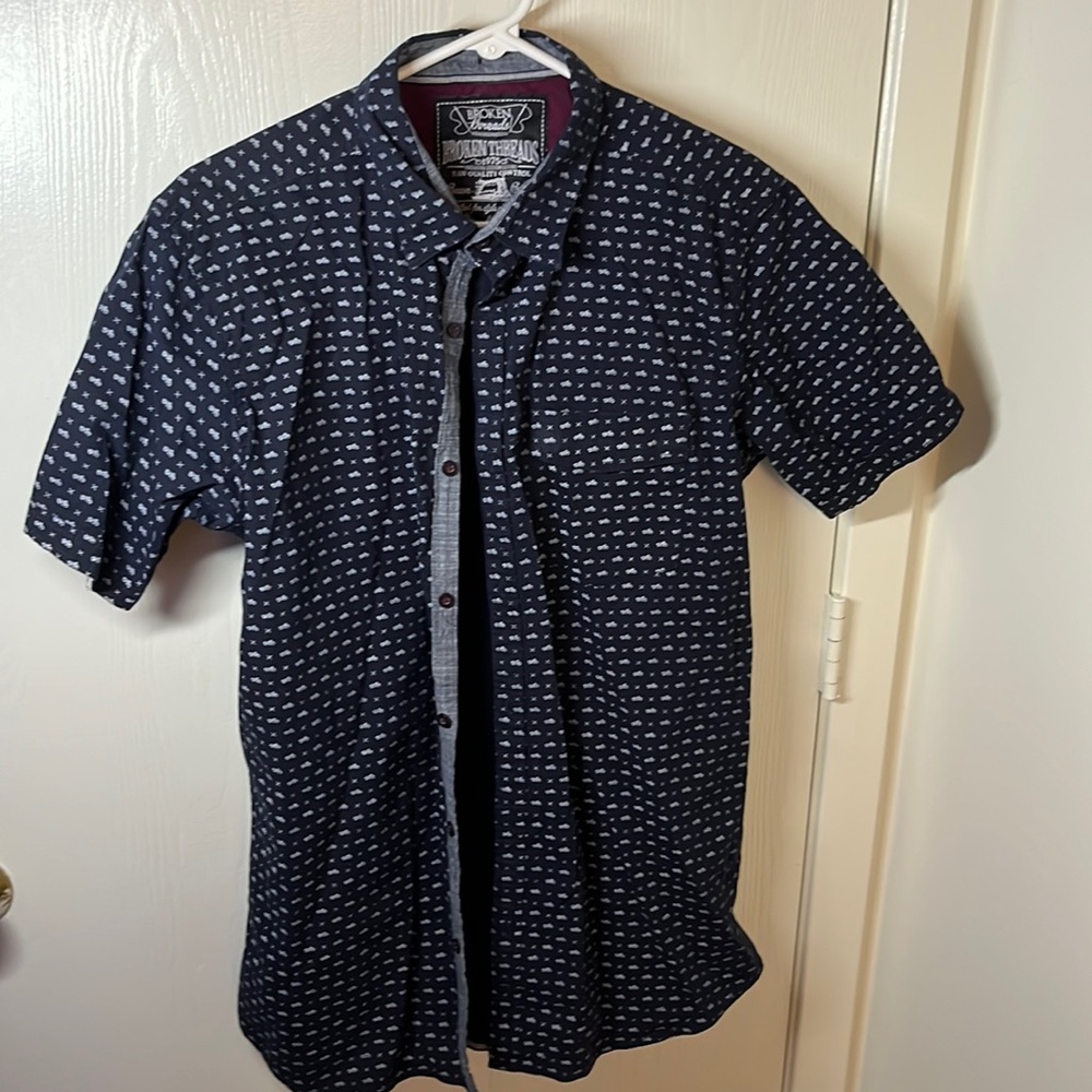 Broken Threads Dark Blue Short Sleeve Dress Shirt White Motorcycle Patterned